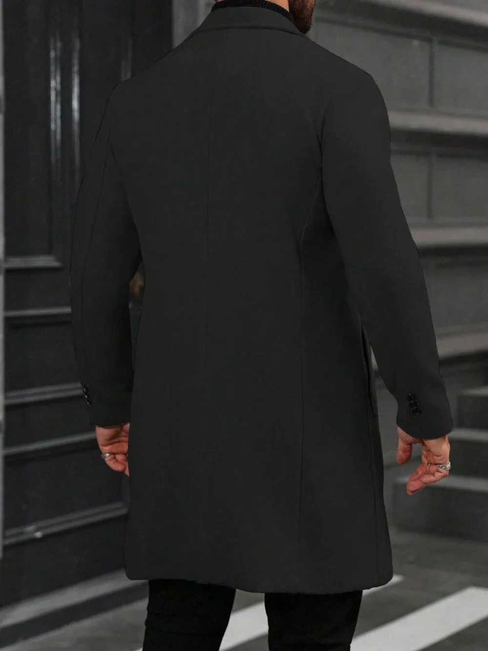 Black Casual Men's Double Breasted Long Sleeve Overcoat